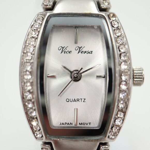 Vice Versa Ladies Silver Tone Watch Barrell Dial Diamond Accent Bezel Bracelet - Picture 6 of 14